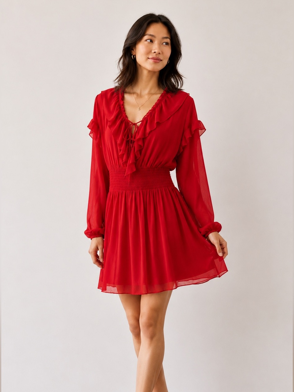 Zara Red Ruffled V‑Neck Smocked Waist Midi Dress Size L NWT